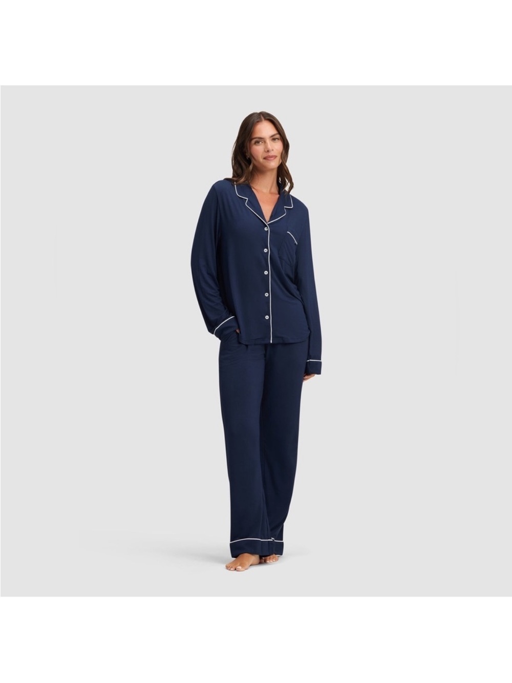 Cozy Earth Women's Navy Long-Sleeve Pajama Set with White Piping